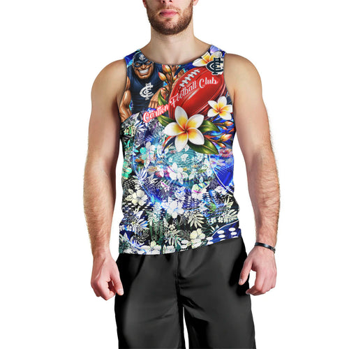 Personalized Carlton Football Blues Men Tank Top Tropical Hibiscus Flowers - Pacific Fusion Style