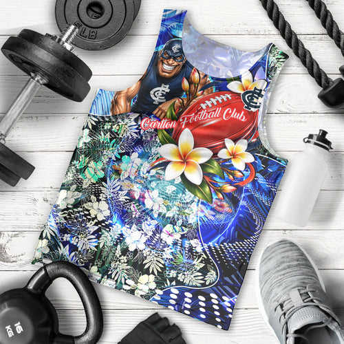 Personalized Carlton Football Blues Men Tank Top Tropical Hibiscus Flowers - Pacific Fusion Style