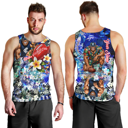 Personalized Carlton Football Blues Men Tank Top Tropical Hibiscus Flowers - Pacific Fusion Style