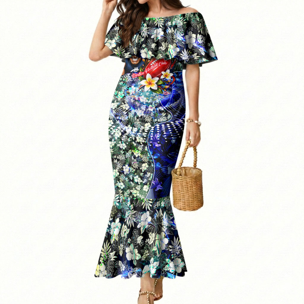 Personalized Carlton Football Blues Mermaid Dress Tropical Hibiscus Flowers - Pacific Fusion Style