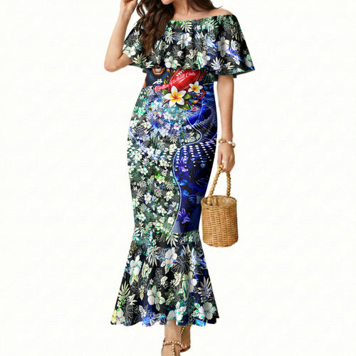 Personalized Carlton Football Blues Mermaid Dress Tropical Hibiscus Flowers - Pacific Fusion Style