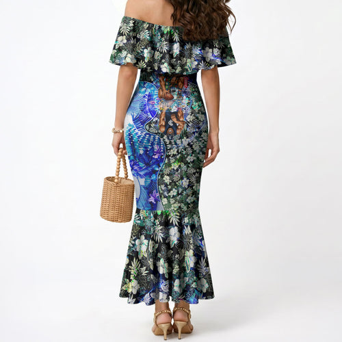 Personalized Carlton Football Blues Mermaid Dress Tropical Hibiscus Flowers - Pacific Fusion Style