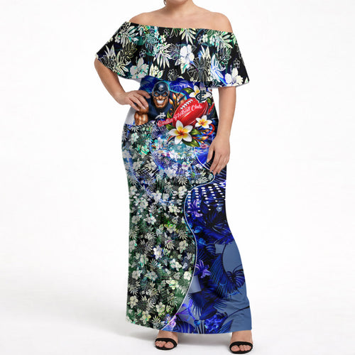 Personalized Carlton Football Blues Off Shoulder Maxi Dress Tropical Hibiscus Flowers - Pacific Fusion Style
