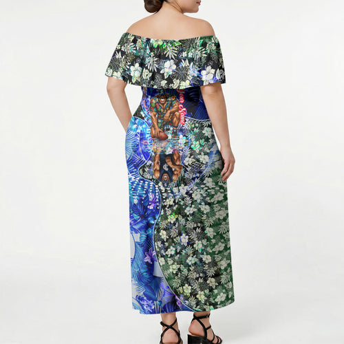 Personalized Carlton Football Blues Off Shoulder Maxi Dress Tropical Hibiscus Flowers - Pacific Fusion Style