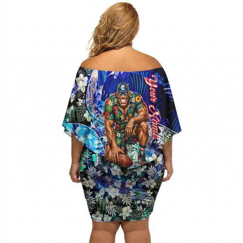 Personalized Carlton Football Blues Off Shoulder Short Dress Tropical Hibiscus Flowers - Pacific Fusion Style