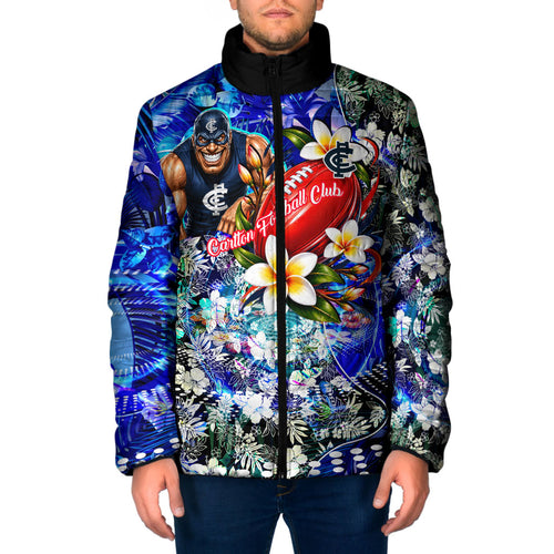 Personalized Carlton Football Blues Padded Jacket Tropical Hibiscus Flowers - Pacific Fusion Style