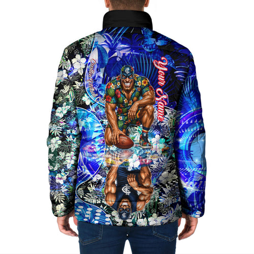 Personalized Carlton Football Blues Padded Jacket Tropical Hibiscus Flowers - Pacific Fusion Style