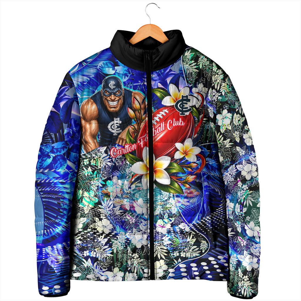 Personalized Carlton Football Blues Padded Jacket Tropical Hibiscus Flowers - Pacific Fusion Style