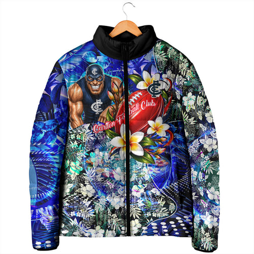 Personalized Carlton Football Blues Padded Jacket Tropical Hibiscus Flowers - Pacific Fusion Style