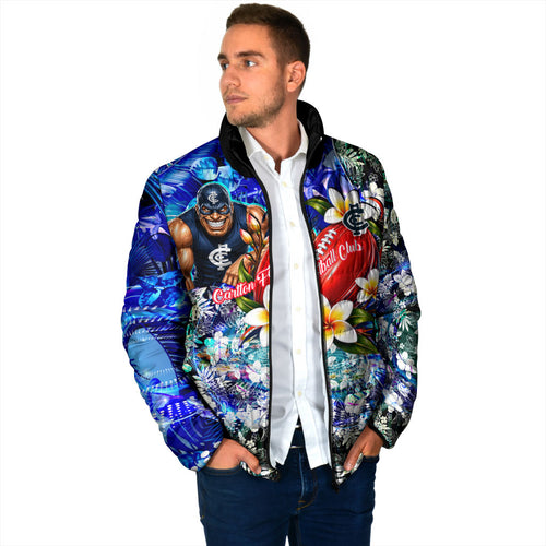 Personalized Carlton Football Blues Padded Jacket Tropical Hibiscus Flowers - Pacific Fusion Style
