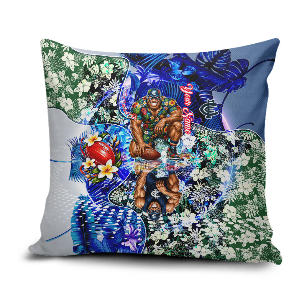 Personalized Carlton Football Blues Pillow Cover Tropical Hibiscus Flowers - Pacific Fusion Style