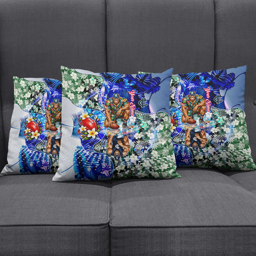 Personalized Carlton Football Blues Pillow Cover Tropical Hibiscus Flowers - Pacific Fusion Style