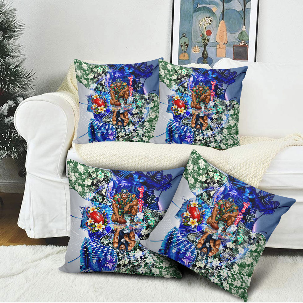 Personalized Carlton Football Blues Pillow Cover Tropical Hibiscus Flowers - Pacific Fusion Style