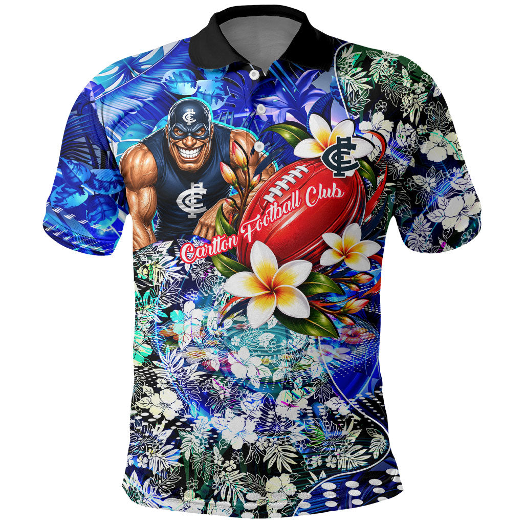 Personalized Carlton Football Blues Polo Shirt Tropical Hibiscus Flowers - Pacific Fusion Style