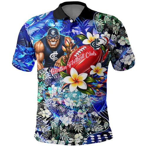 Personalized Carlton Football Blues Polo Shirt Tropical Hibiscus Flowers - Pacific Fusion Style