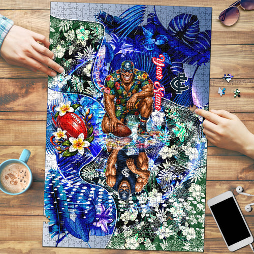 Personalized Carlton Football Blues Puzzle Tropical Hibiscus Flowers - Pacific Fusion Style
