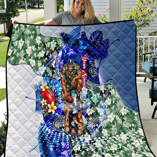 Personalized Carlton Football Blues Quilt Tropical Hibiscus Flowers - Pacific Fusion Style