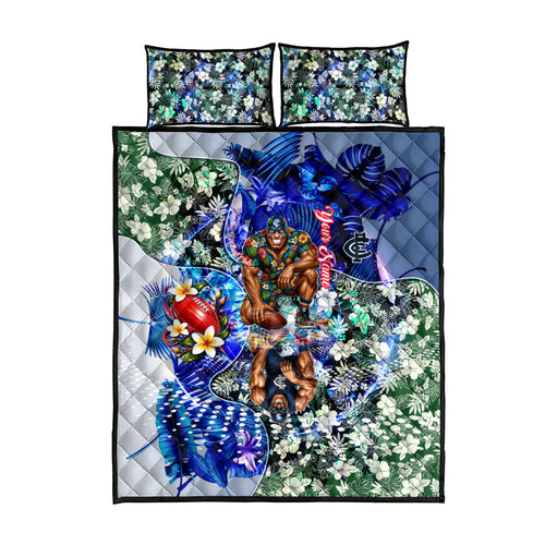Personalized Carlton Football Blues Quilt Bed Set Tropical Hibiscus Flowers - Pacific Fusion Style
