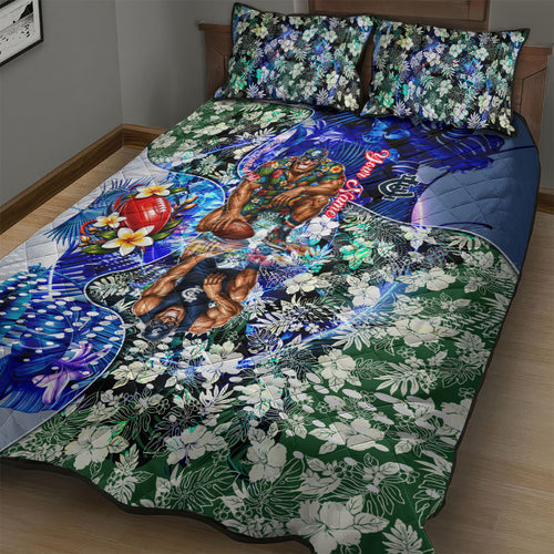 Personalized Carlton Football Blues Quilt Bed Set Tropical Hibiscus Flowers - Pacific Fusion Style
