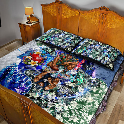 Personalized Carlton Football Blues Quilt Bed Set Tropical Hibiscus Flowers - Pacific Fusion Style