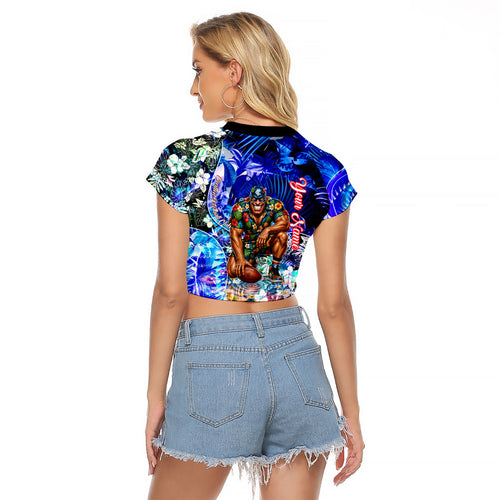 Personalized Carlton Football Blues Raglan Cropped T Shirt Tropical Hibiscus Flowers - Pacific Fusion Style