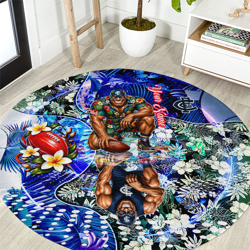 Personalized Carlton Football Blues Round Carpet Tropical Hibiscus Flowers - Pacific Fusion Style