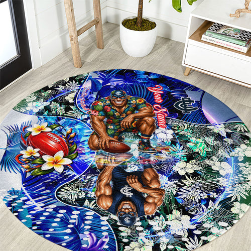 Personalized Carlton Football Blues Round Carpet Tropical Hibiscus Flowers - Pacific Fusion Style