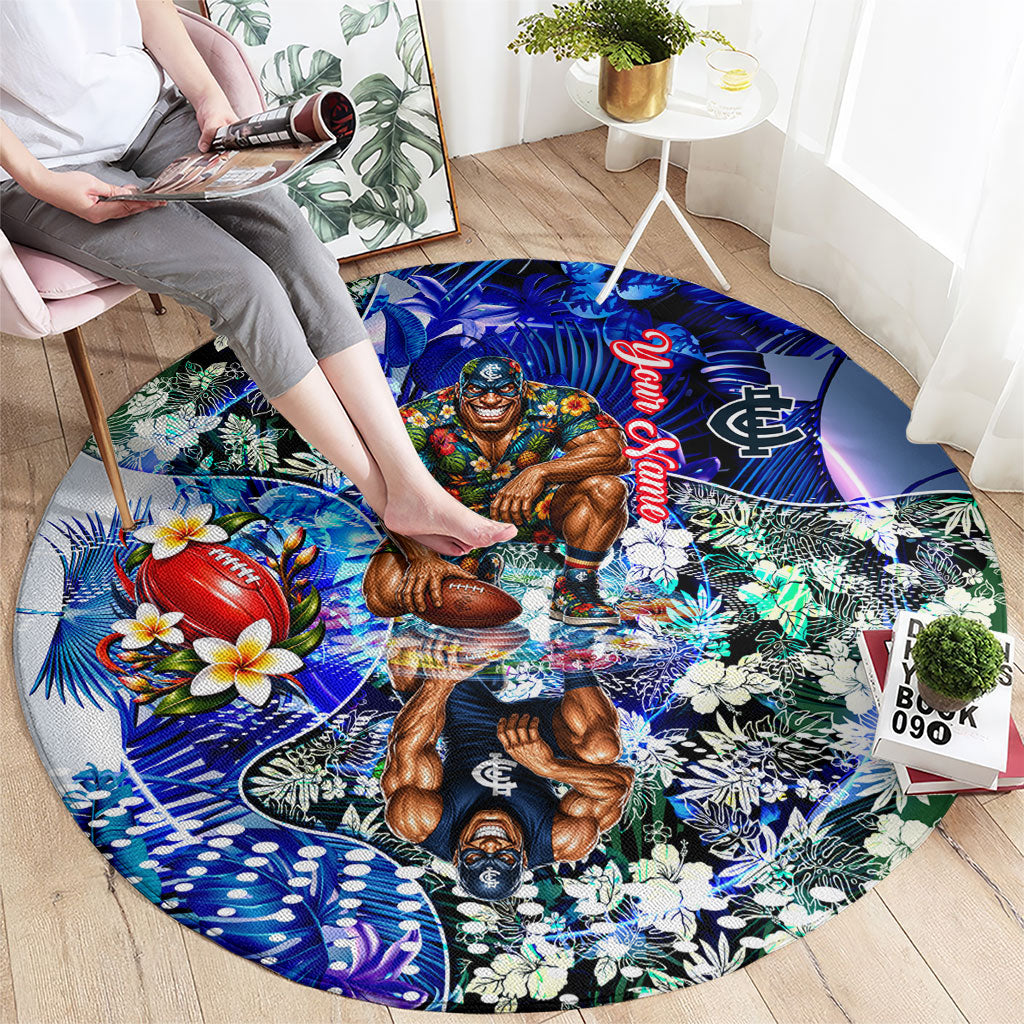 Personalized Carlton Football Blues Round Carpet Tropical Hibiscus Flowers - Pacific Fusion Style