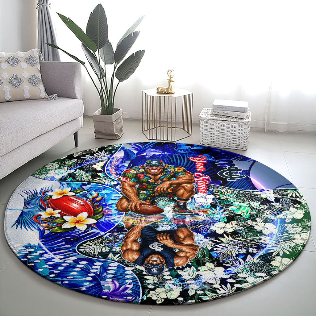 Personalized Carlton Football Blues Round Carpet Tropical Hibiscus Flowers - Pacific Fusion Style