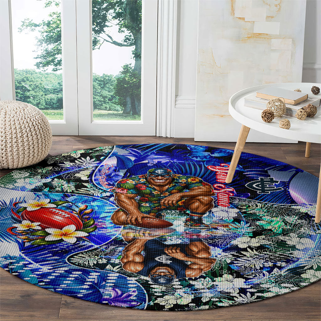 Personalized Carlton Football Blues Round Carpet Tropical Hibiscus Flowers - Pacific Fusion Style