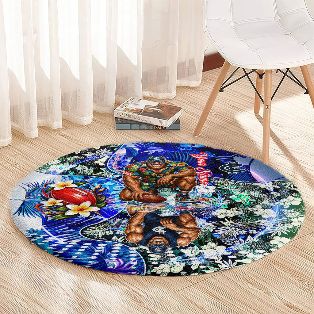Personalized Carlton Football Blues Round Carpet Tropical Hibiscus Flowers - Pacific Fusion Style