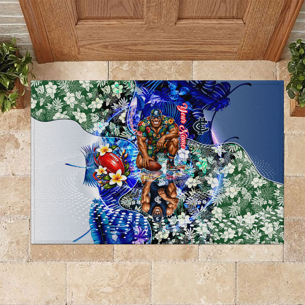 Personalized Carlton Football Blues Rubber Doormat Tropical Hibiscus Flowers - Pacific Fusion Style