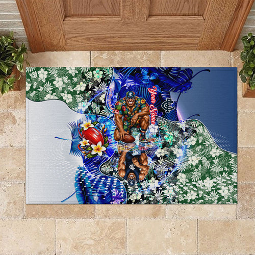 Personalized Carlton Football Blues Rubber Doormat Tropical Hibiscus Flowers - Pacific Fusion Style
