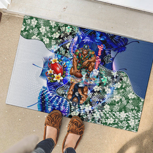 Personalized Carlton Football Blues Rubber Doormat Tropical Hibiscus Flowers - Pacific Fusion Style