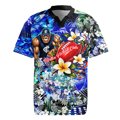 Personalized Carlton Football Blues Rugby Jersey Tropical Hibiscus Flowers - Pacific Fusion Style
