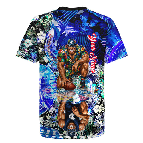 Personalized Carlton Football Blues Rugby Jersey Tropical Hibiscus Flowers - Pacific Fusion Style