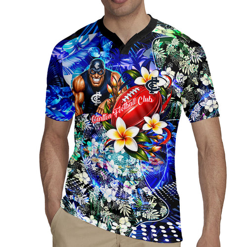 Personalized Carlton Football Blues Rugby Jersey Tropical Hibiscus Flowers - Pacific Fusion Style