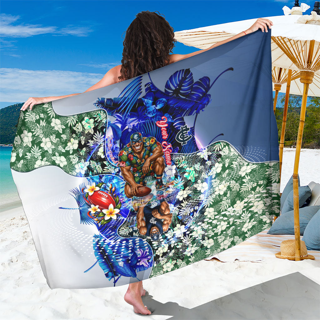 Personalized Carlton Football Blues Sarong Tropical Hibiscus Flowers - Pacific Fusion Style