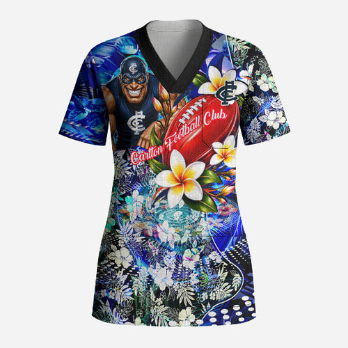 Personalized Carlton Football Blues Scrub Top Tropical Hibiscus Flowers - Pacific Fusion Style