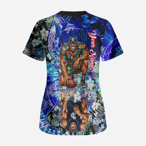 Personalized Carlton Football Blues Scrub Top Tropical Hibiscus Flowers - Pacific Fusion Style