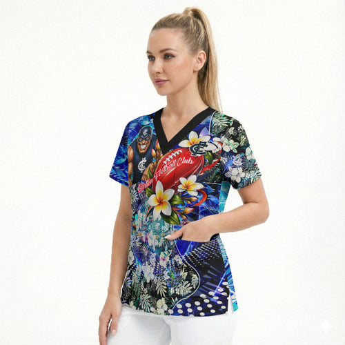 Personalized Carlton Football Blues Scrub Top Tropical Hibiscus Flowers - Pacific Fusion Style