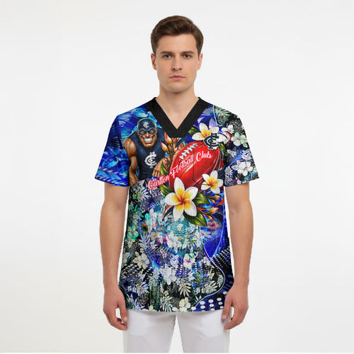 Personalized Carlton Football Blues Scrub Top Tropical Hibiscus Flowers - Pacific Fusion Style