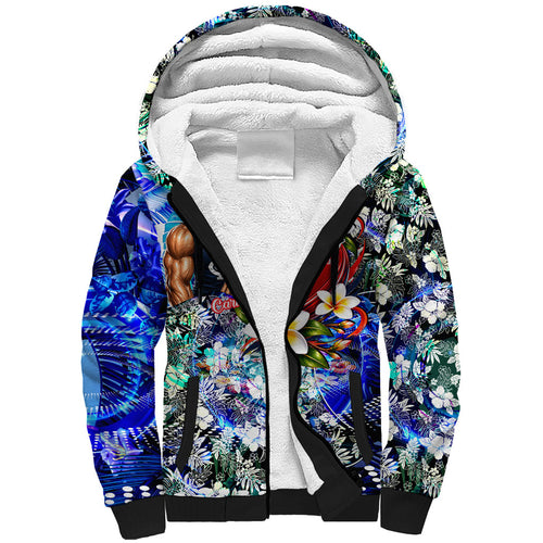Personalized Carlton Football Blues Sherpa Hoodie Tropical Hibiscus Flowers - Pacific Fusion Style