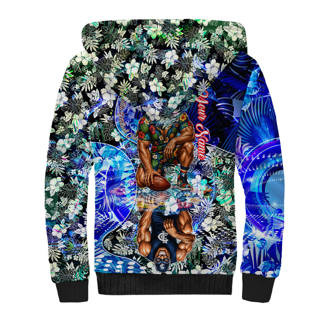 Personalized Carlton Football Blues Sherpa Hoodie Tropical Hibiscus Flowers - Pacific Fusion Style