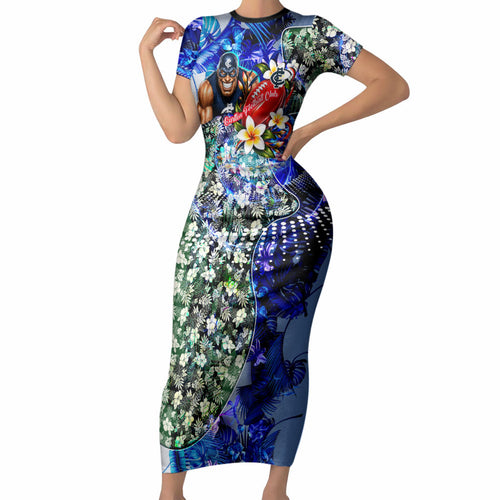 Personalized Carlton Football Blues Short Sleeve Bodycon Dress Tropical Hibiscus Flowers - Pacific Fusion Style