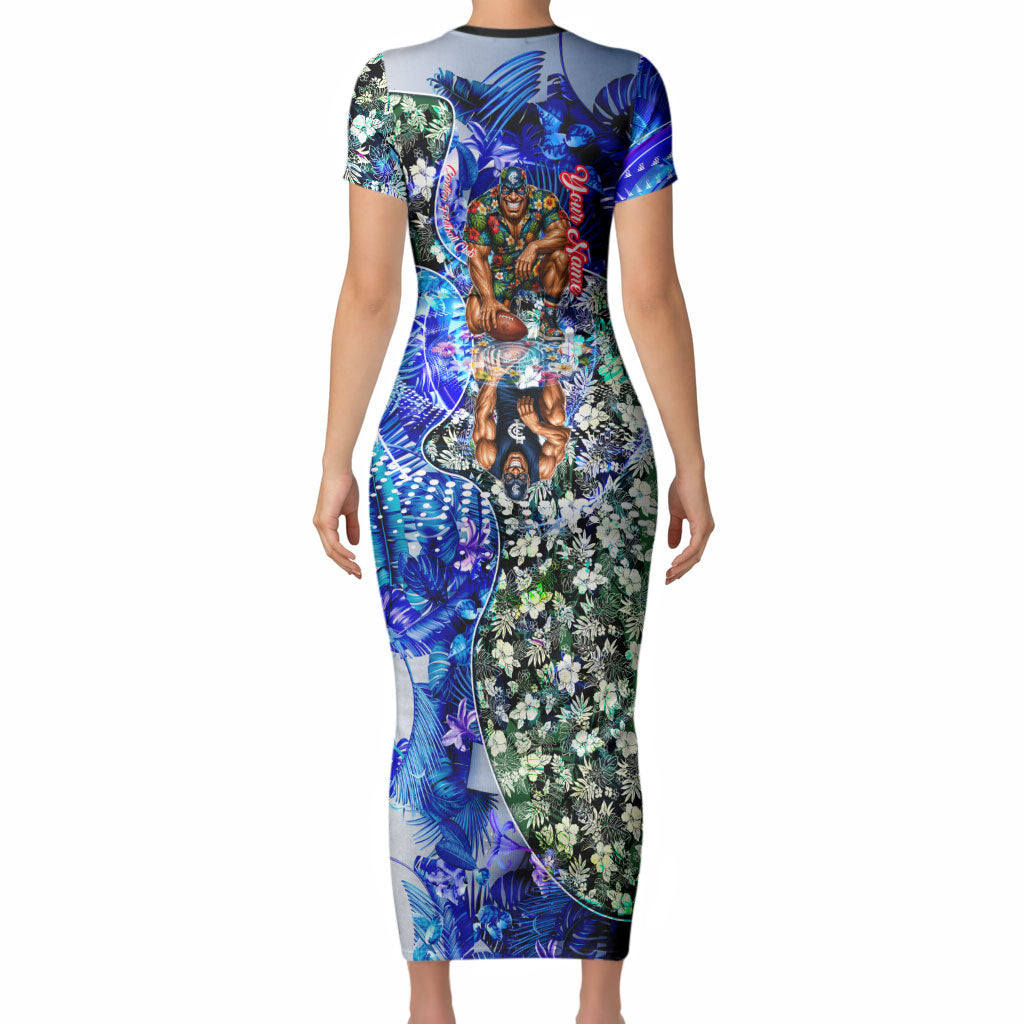 Personalized Carlton Football Blues Short Sleeve Bodycon Dress Tropical Hibiscus Flowers - Pacific Fusion Style