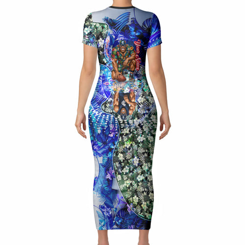 Personalized Carlton Football Blues Short Sleeve Bodycon Dress Tropical Hibiscus Flowers - Pacific Fusion Style