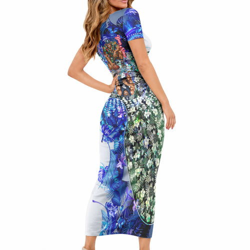 Personalized Carlton Football Blues Short Sleeve Bodycon Dress Tropical Hibiscus Flowers - Pacific Fusion Style