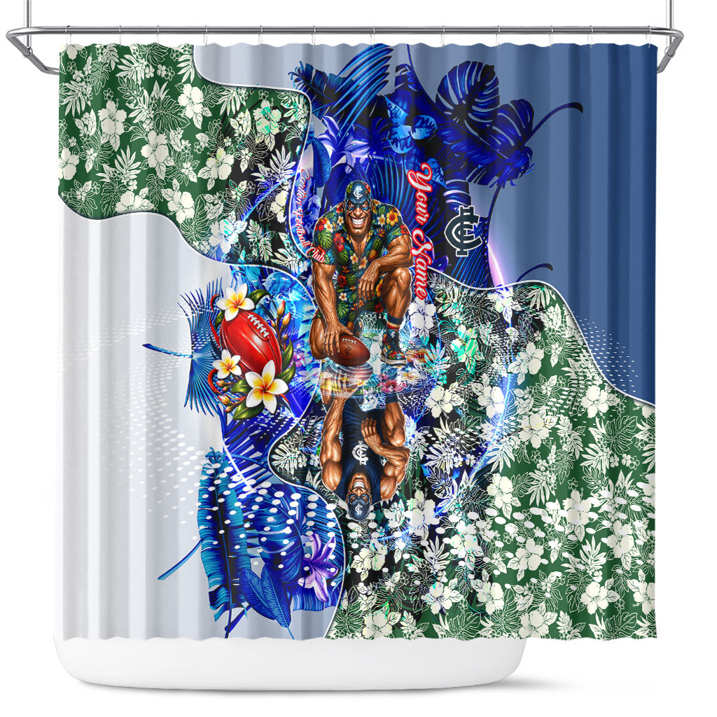 Personalized Carlton Football Blues Shower Curtain Tropical Hibiscus Flowers - Pacific Fusion Style