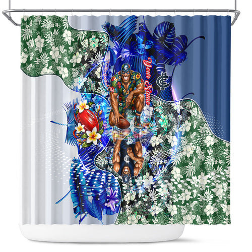 Personalized Carlton Football Blues Shower Curtain Tropical Hibiscus Flowers - Pacific Fusion Style